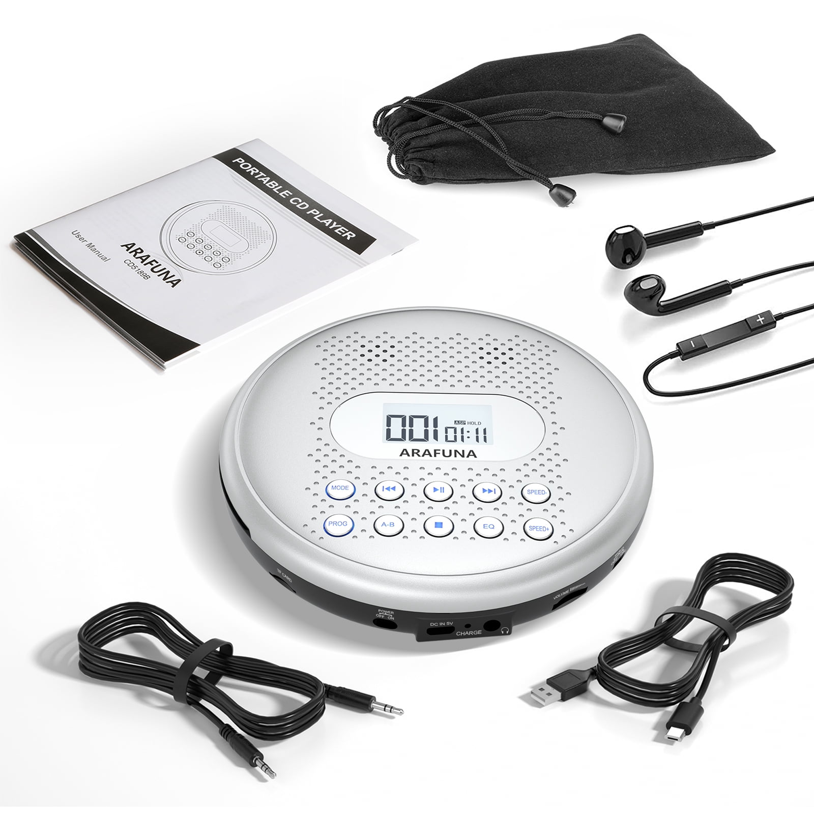 ARAFUNA CD Player Portable, Rechargeable Portable CD Players for Car with Speakers, Anti-Skip Small CD Player with Backlit Button, LCD Display and AUX Cable
