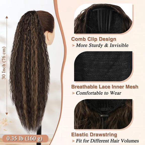 WEIF-Dark Brown with Highlight Long Curly Wavy Drawstring Ponytail Extensions – 30 Inch Synthetic Comb Clip in Pony Tails Hairpieces for Women - Voluminous Highlight Bohemian Drawstring Ponyt