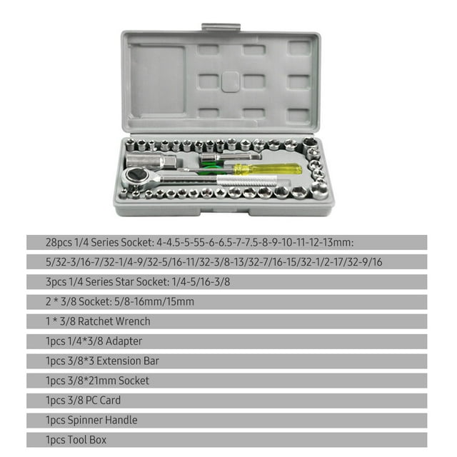 sleeve,Set With Wrench Tool Kit 40-piece Socket Set With 1/4'' And 3/8'' Set And Sae Socket Wrench With Tool Car Wrench Set And 40-piece 1/4'' And Drive Socket Kit 40-piece 1/4'' Veh Laoshe Buzhi