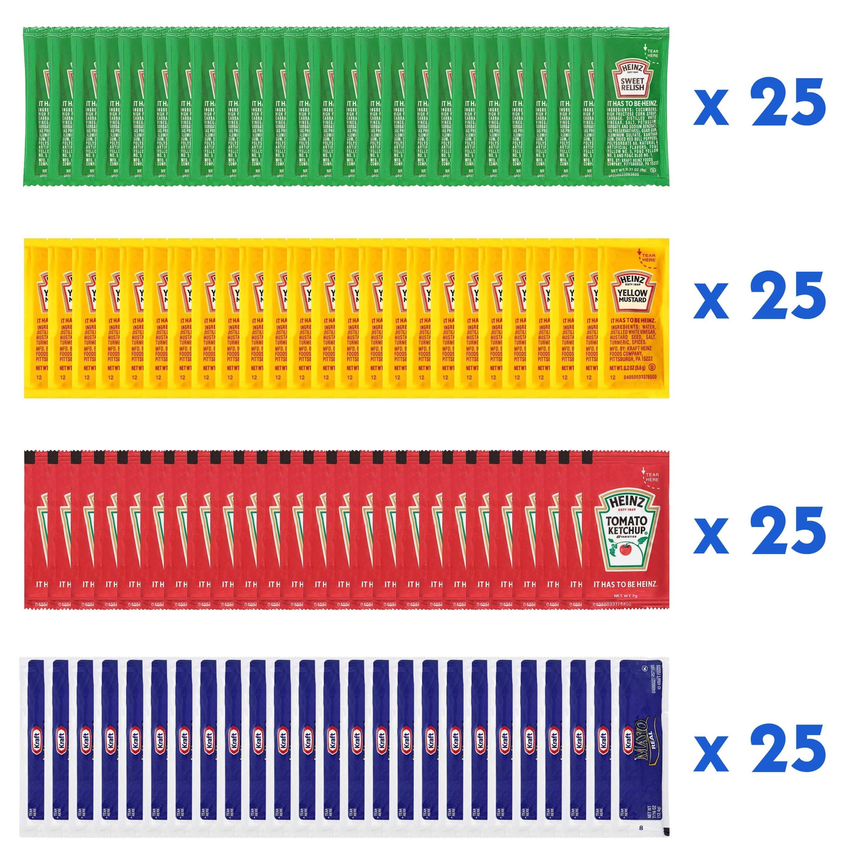 Heinz  Kraft Condiment Packets On the Go, Ketchup, Mustard, Relish, Mayo, 25 Packets Each, 100 Packets Total