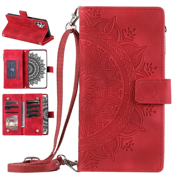 Nalacover for Samsung Galaxy A32 5G Embossed Floral Pattern PU Leather Crossbody Case with Shoulder Strap,Shockproof Magnetic Flip Kickstand Credit Card Slots Zipper Pocket Wallet Phone Case,Red