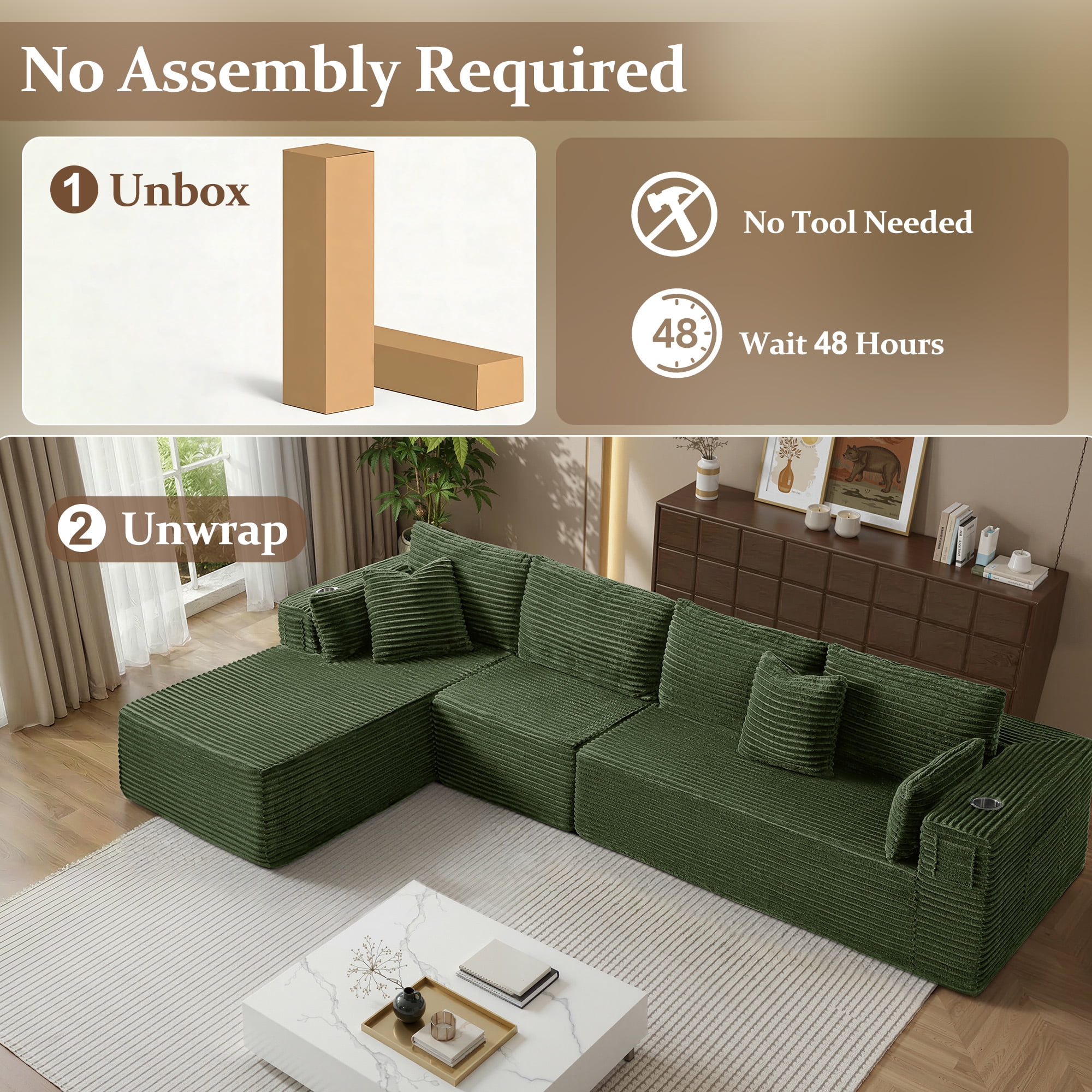 4 Seats Boneless Modular Cloud Sectional Sofa with Chaise, Extra-Wide Deep Seats Plush Corduroy Sleeper Soft Couch for Modern Living Rooms, Small Spaces & Apartments (Green, 138"-L Shape Right)