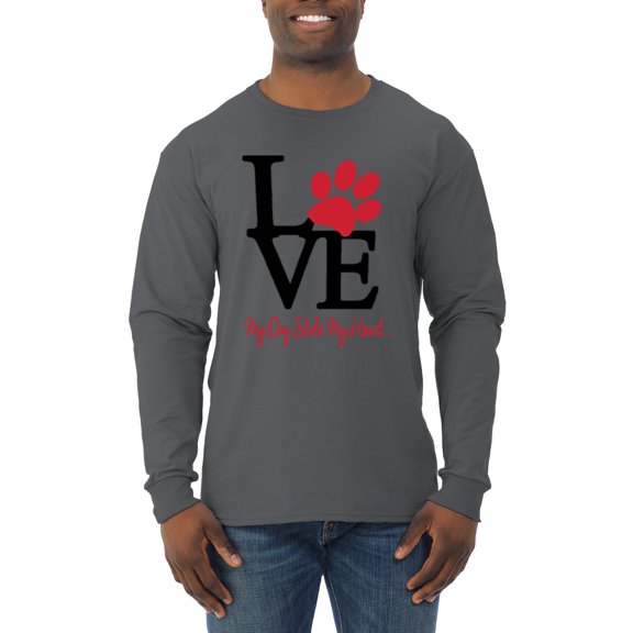 Wild Bobby, Love My Dog Stole My Heart Red Pawprints Pop Culture Mens Long Sleeve Shirt, Charcoal, Small