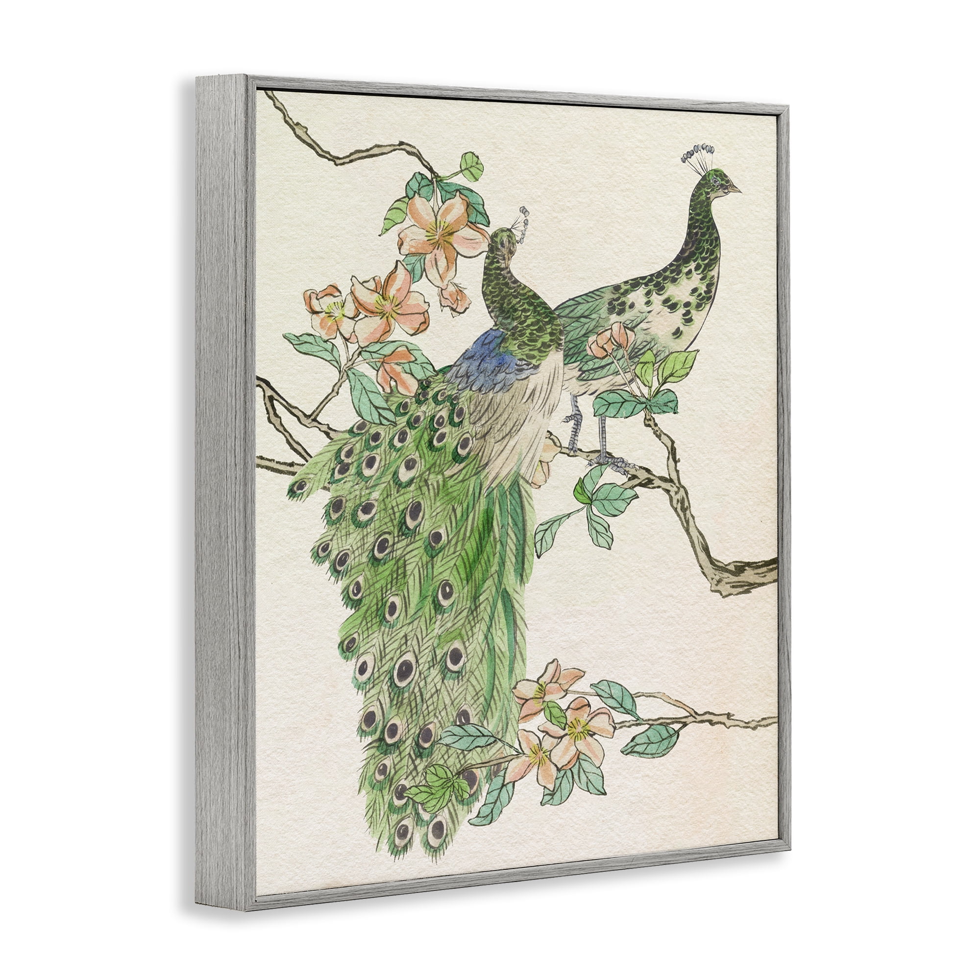 Stupell Industries Peacock Pair on Branch Animals & Insects Painting Gray Framed Art Print Wall Art, 24 x 30
