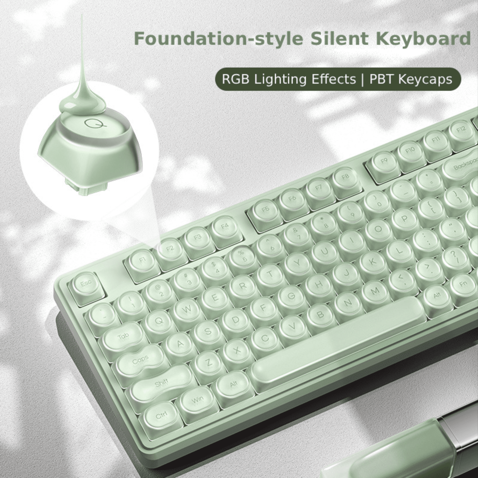 98-Key Wired RGB Membrane Keyboard with MOA Quiet PBT Keycaps, USB-C Connection, Waterproof Design, Translucent Light Green Keycaps and Frame, Rotary Knob, Desktop Aesthetic Keyboard
