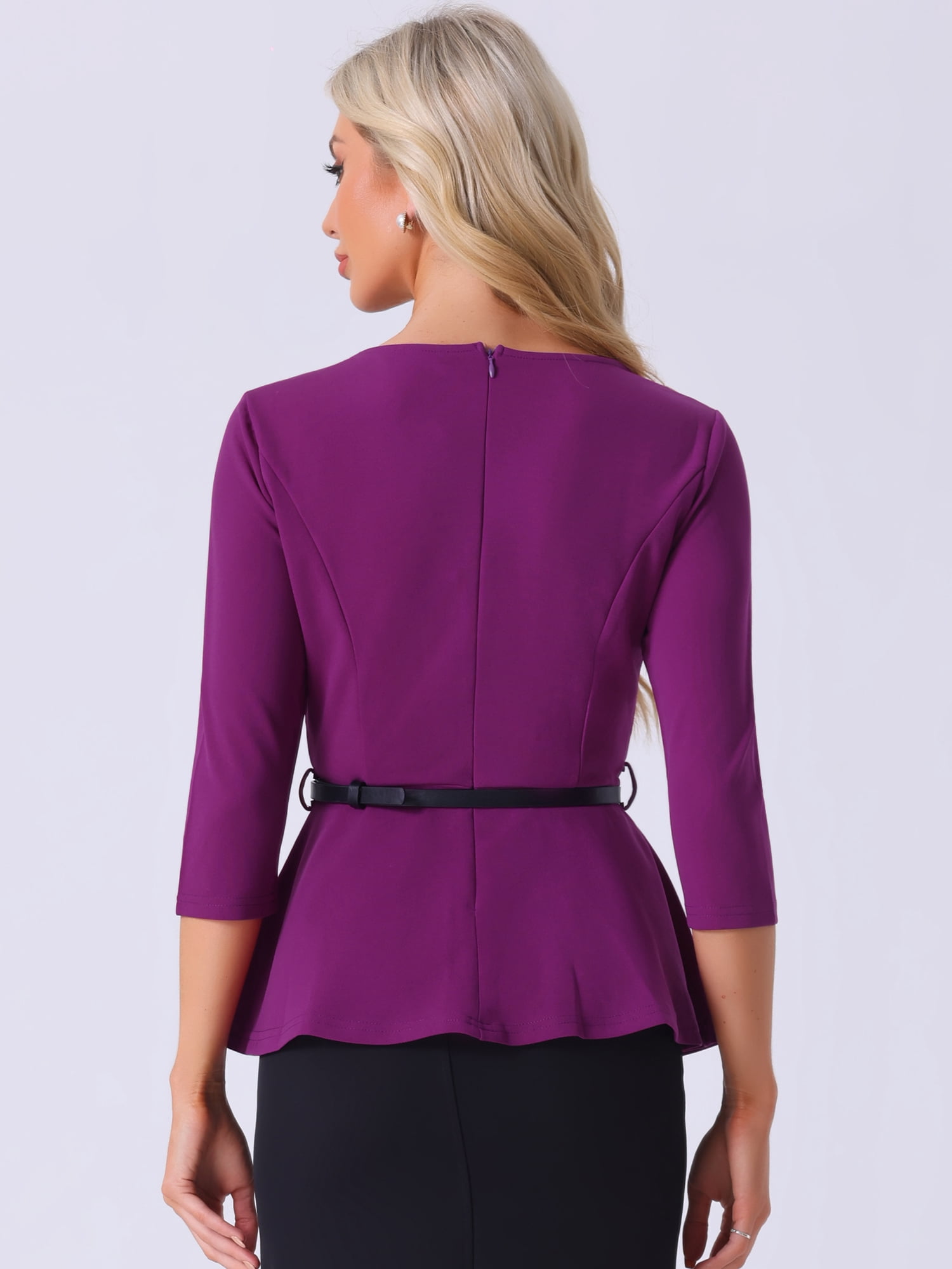 DARING DIVA Women's Round Neck 3/4 Sleeve Elegant Work Peplum Tops S Purple