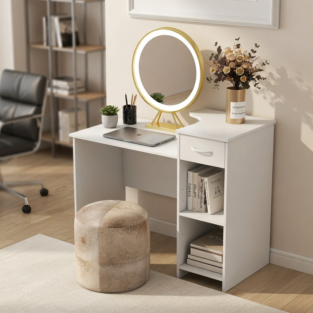 Yardi Yard Computer Desk Modern Laptop PC Desk with Adjustable Shelf and Cable Hole-White, Computer Desk, Gaming Computer Desks for Study,Working,Writing