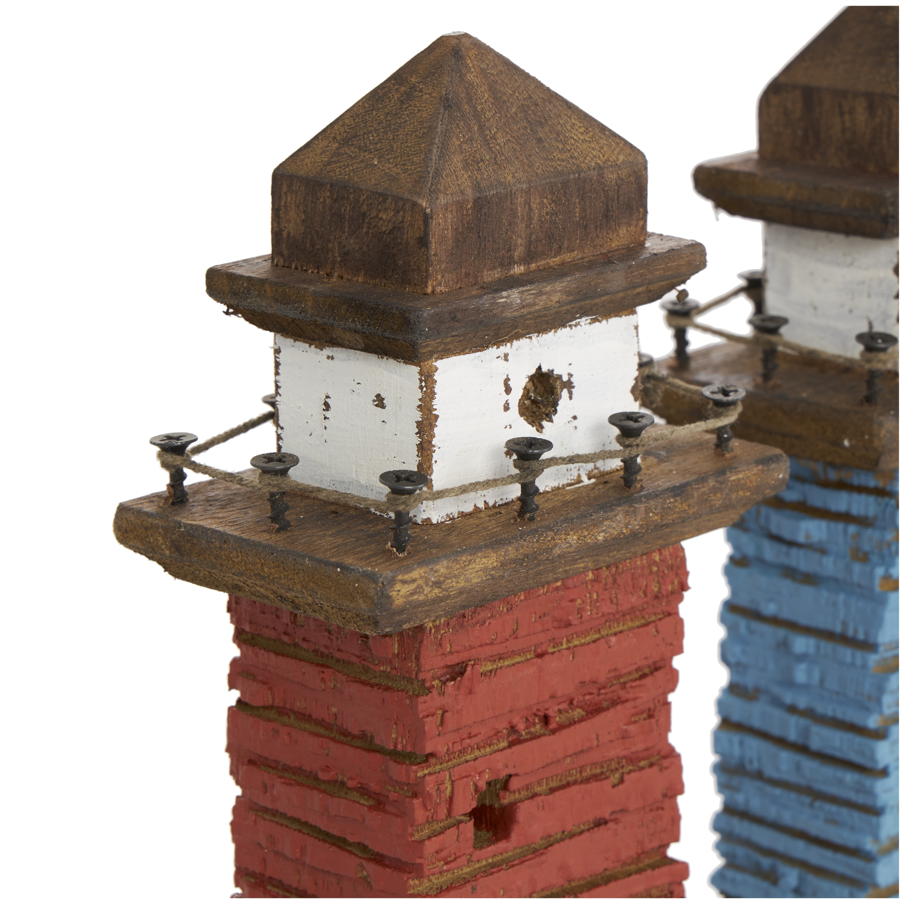 5"W, 10"H Red Wood Distressed Light House Sculpture with Blue and Brown Accents, by DecMode (2 Count)