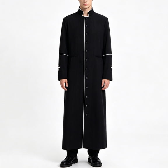 Men's Priest Cassock Costume Long Clergy Pastor Robe with Contrast Piping Button Down Minister Outfit Cross Embroidered Cuffs Halloween Church Cosplay