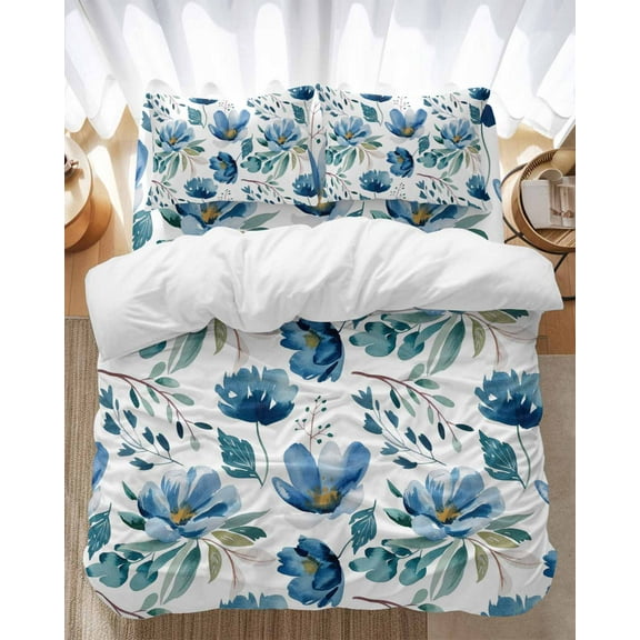 Blue Green Floral Bedding Duvet Cover Set Twin Size 4 Pieces Vintage Watercolor Pastoral Flower Leaf Bedding Set with Zipper Closure, 1 Comforter Cover 68x86 Inches 1 Flat Sheet & 2 Pillow Cases