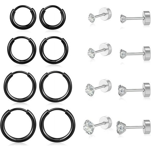 Nmkwnr 8 Pairs 8 10 12 14mm Hoop Earrings 316L Stainless Steel Flat Back Earrings Cubic Zirconia Stud Earrings for Women Men, Black Silver
