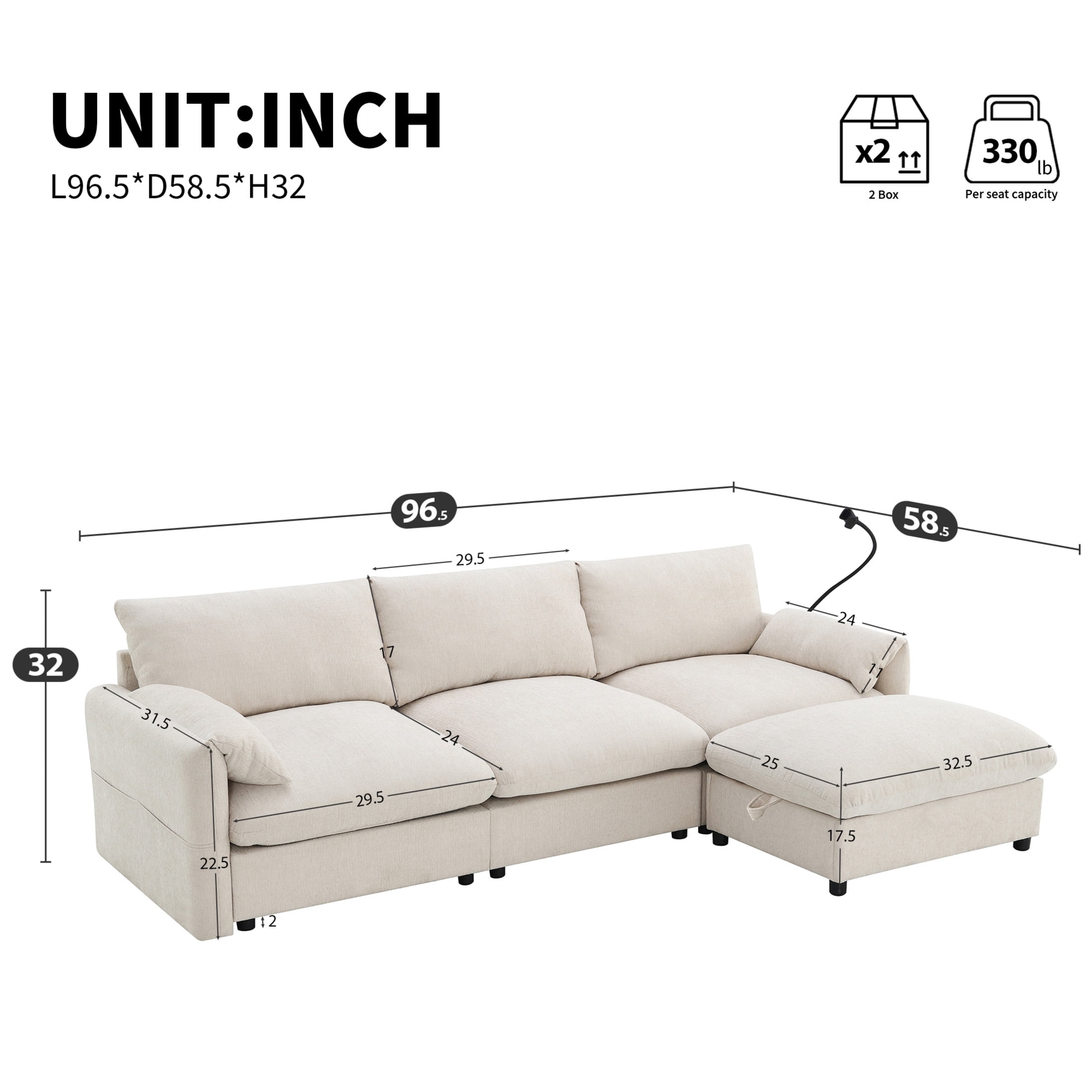 Noble House 96.5" Chenille L-Shaped Sectional Sofa with Storage Ottoman, Charging Ports, and Phone Holder, Beige