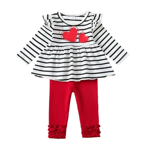 KIMI BEAR Infant Baby Girls Outfits 12-18 Months Winter Sprint Clothes Sets Ruffle Long Sleeves Pullover Top Striped Heart Print Top Solid Color Pants Sets Red