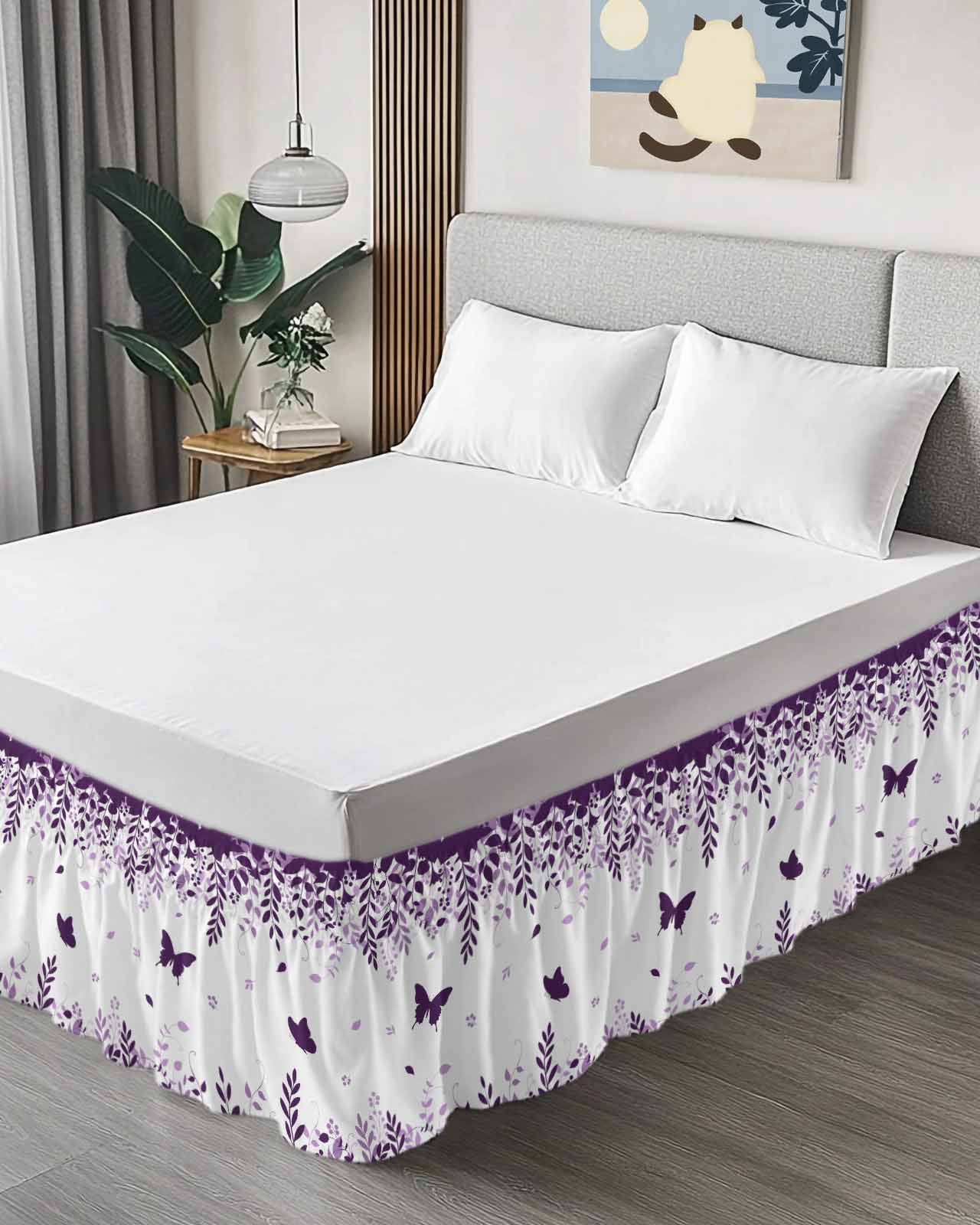 Butterflies Bed Skirt Queen Size 16 Inch Drop, Spring Purple Butterfly Falling Leaf Plant Silhouette Adjustable Elastic Dust Ruffles Bedskirt for Queen Bed Wrap Around Pleated Mattress Frame Cover