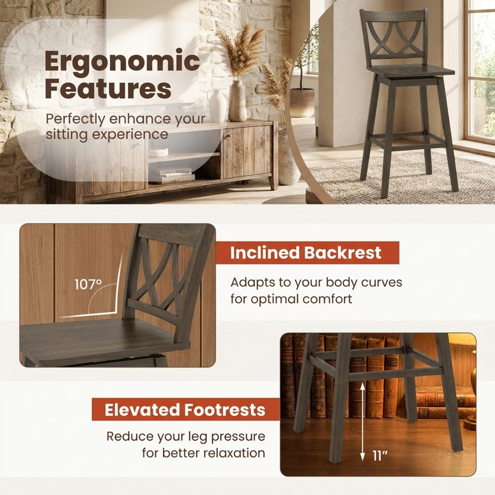 Furnibear 24/29 Inch Bar Stool Set of 2 Wooden Bar Chairs with Rubber Wood Frame-29 inches for Kitchen Island Counter Bar Pub Dining Home, Gray