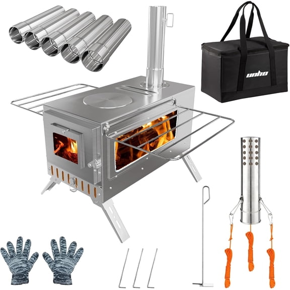 Hot Tent Stove,  Wood Burning Stove, Portable Wood Stove with 6 Stainless Chimney Pipes for Outdoor Heating & Cooking, Ice Fishing, Hunting,Winter Warmth