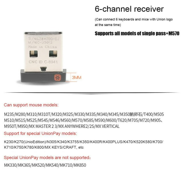 Para Logitech. Receptor inalámbrico Unifying para 6 dispositivos. Tecla de ratón C0H8 T4X2