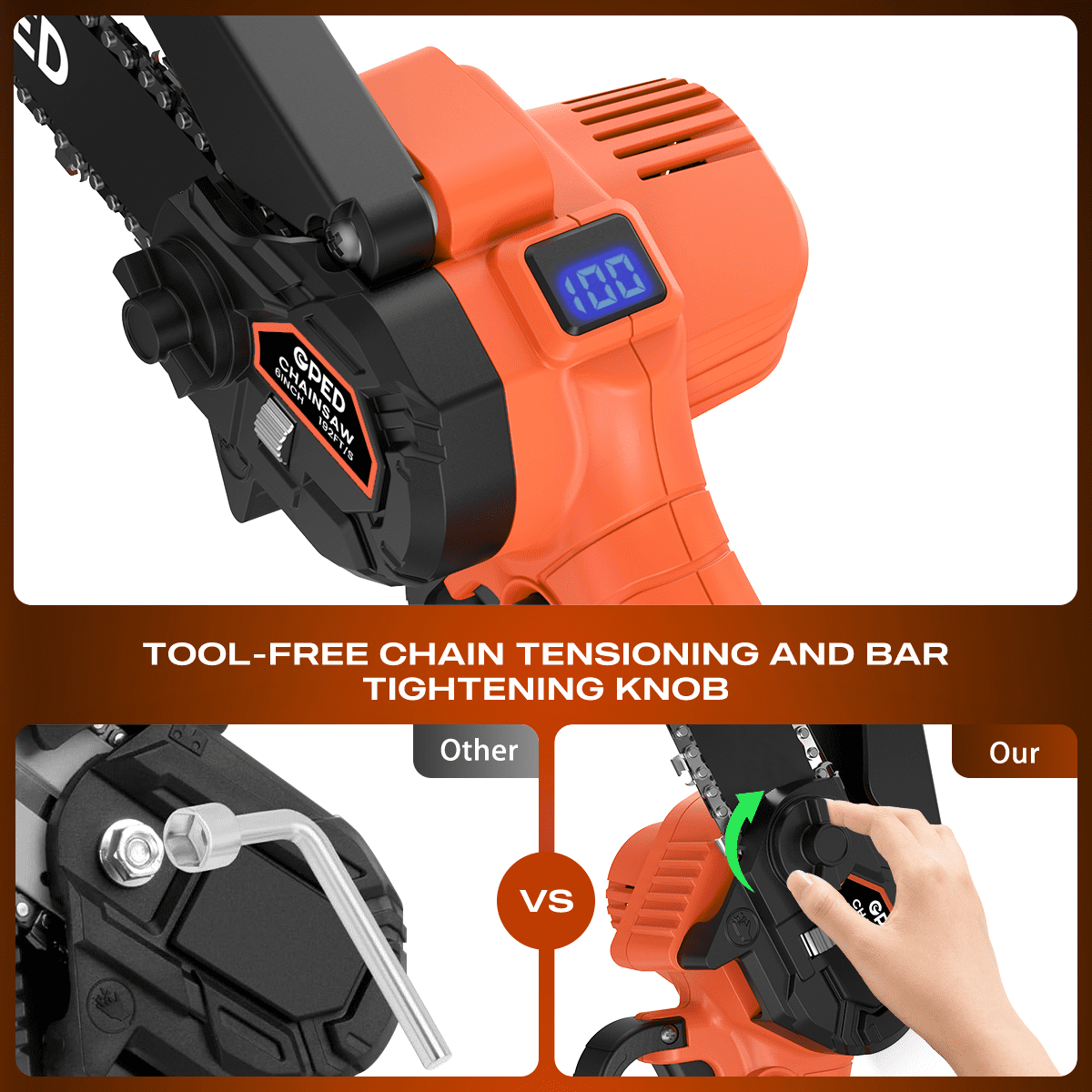GPED Mini Chainsaw, 6 inch Portable Electric Chainsaw Cordless, Handheld Chain Saw Pruning Shears Chainsaw for Tree Branches, Courtyard, Household and Garden, Orange