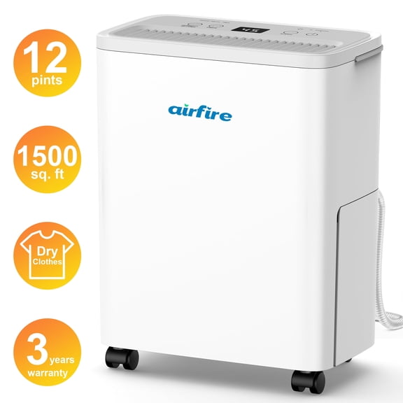 AIRFIRE Dehumidifier, 12 Pint Dehumidifiers for Home (DOE), 1500 Sq. Ft Dehumidifiers with Drain Hose, 0.66 Gallon Water Tank for Basement Bedroom Bathroom, Overflow Protection, 24H Timer