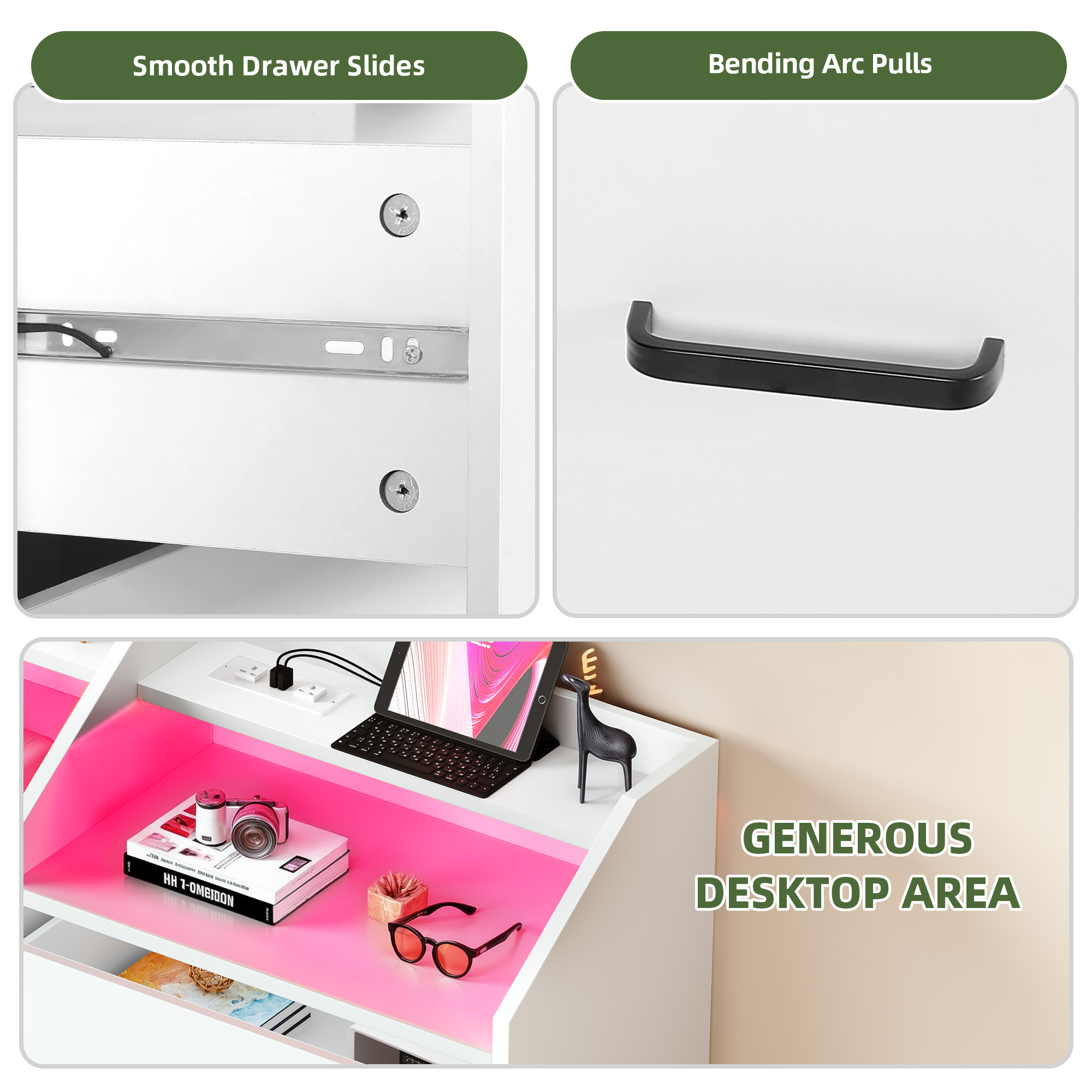 Uforic 6-Drawer Double Dresser with LED Lights & Power Outlets, Storage Cabinet Chest of Drawers with Shelves, White