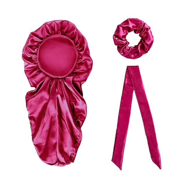 Gorro de dormir largo de satén con banda elástica, cómodo gorro de noche para cabello largo. Rosa