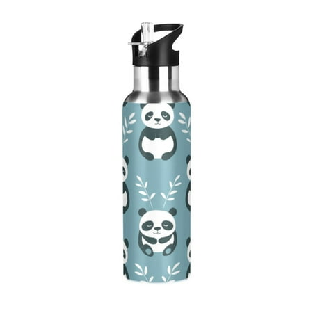 

Water Bottles 20oz Straw Lid Wide Mouth Stainless Steel for School Sport Travel Pandas Sitting and Leaf