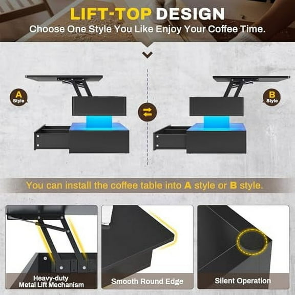 SEDETA 40" Lift Top Coffee Table, Coffee Tables with Storage for Living Room, Small Coffee Table with 2 Drawers & LED Light for Dining Reception Room, Black