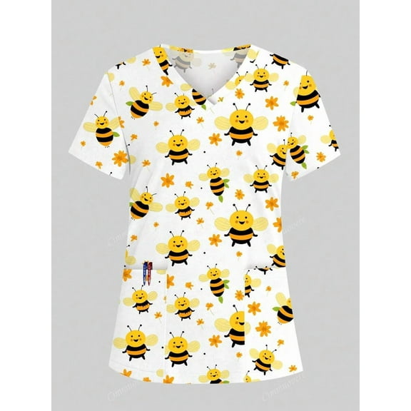 Cimmuovere Women's V-Neck Loose Short Sleeve Cute Print Double Pocket Scrubs Nurse Scrubs Workwear Dentist Healthcare Pet Hospital Laboratory Top