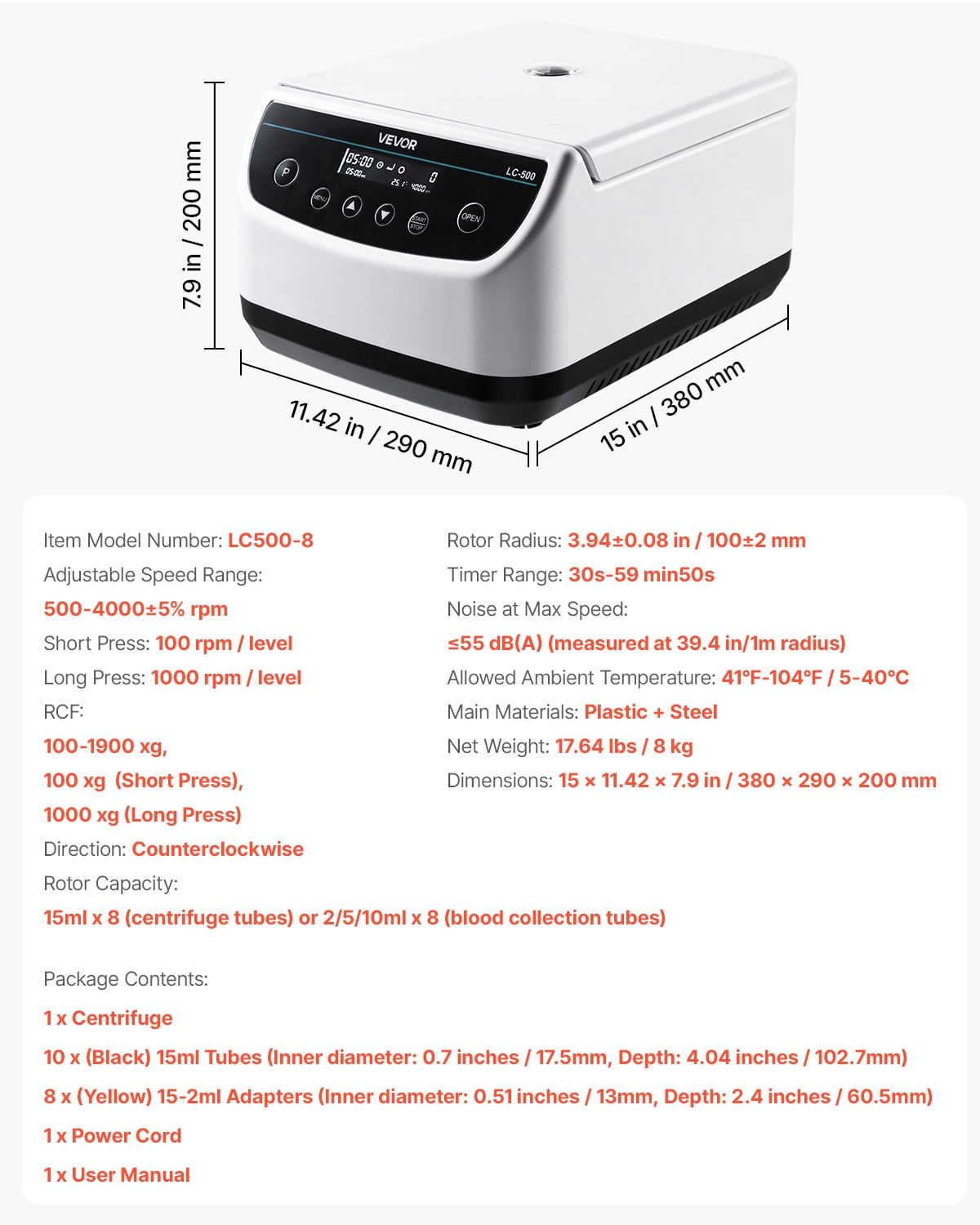 VEVOR Centrifuge Machine, 100-1900xg RCF Electric Laboratory Centrifuge Machine with 1 Rotor for 2/5/10/15ml Tube Capacity, Low Speed 500-4000rpm with Timer, Widely Used in Various Experiments