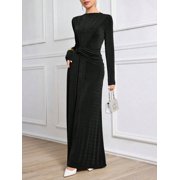 Black Womens Long Sleeve Ruched Knit Elegant Modest Maxi Dress