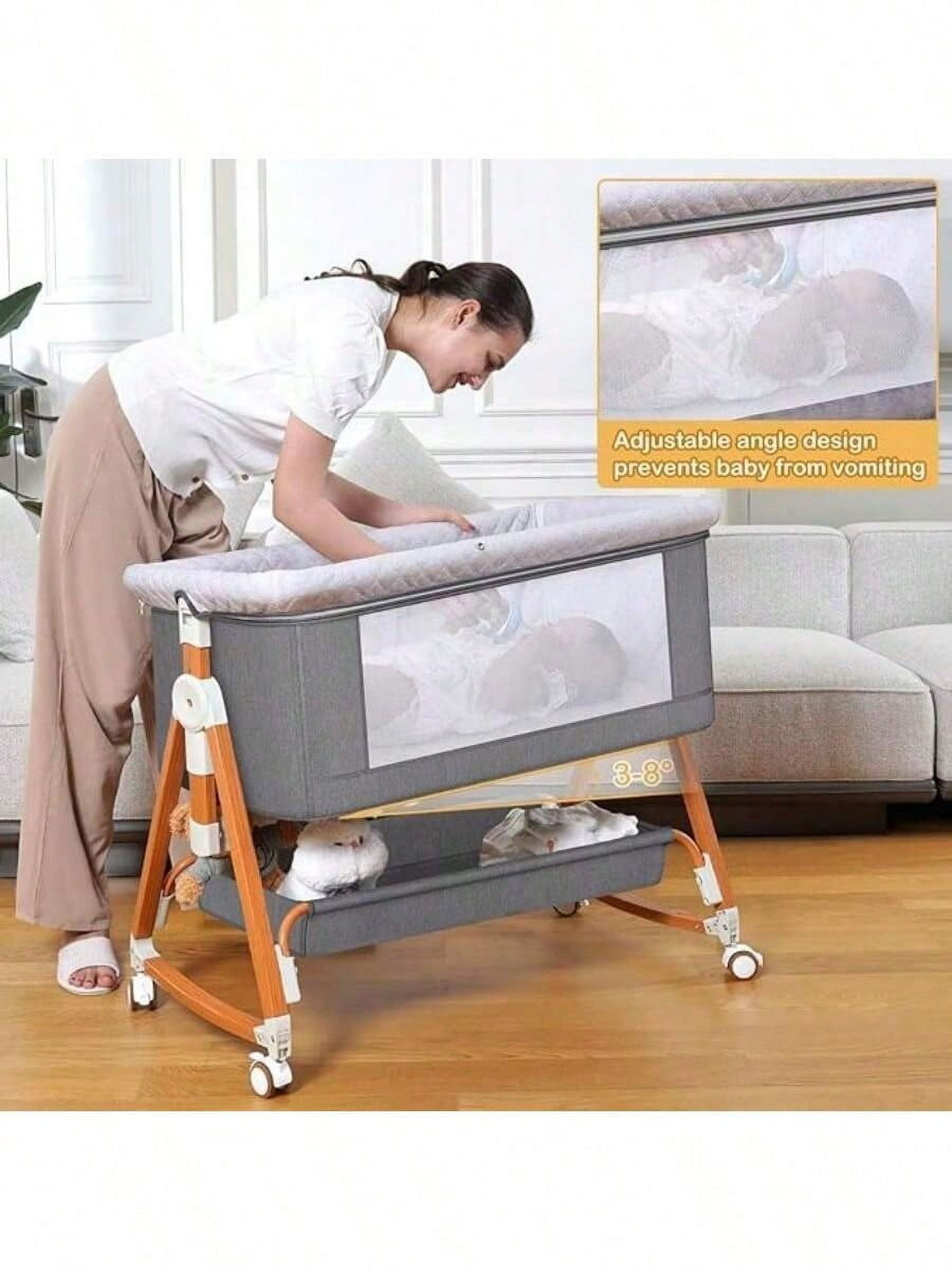 kmaier 3 in 1 Baby Bassinet Sleeper, 6-Section Height Adjustable Crib, Foldable Portable Crib Side Sleeper- Light Gray