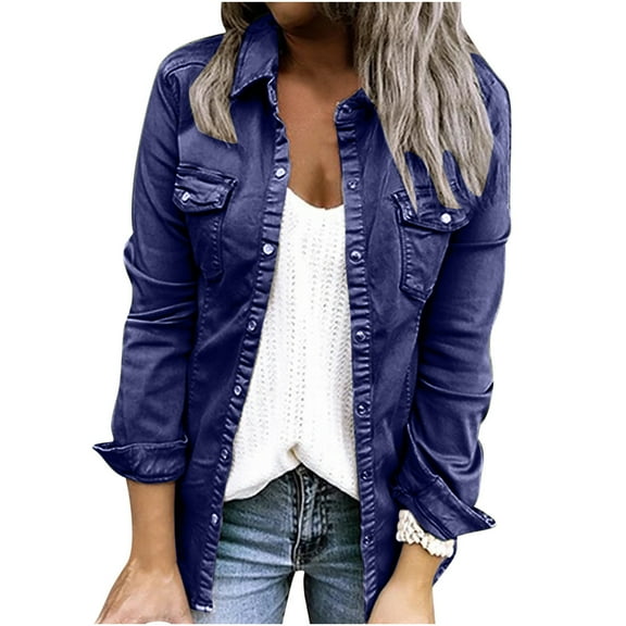 Viikei Women Coats Clearance Women's Solid Casual Jacket with Lapel Pocket Denim Stitching Coat