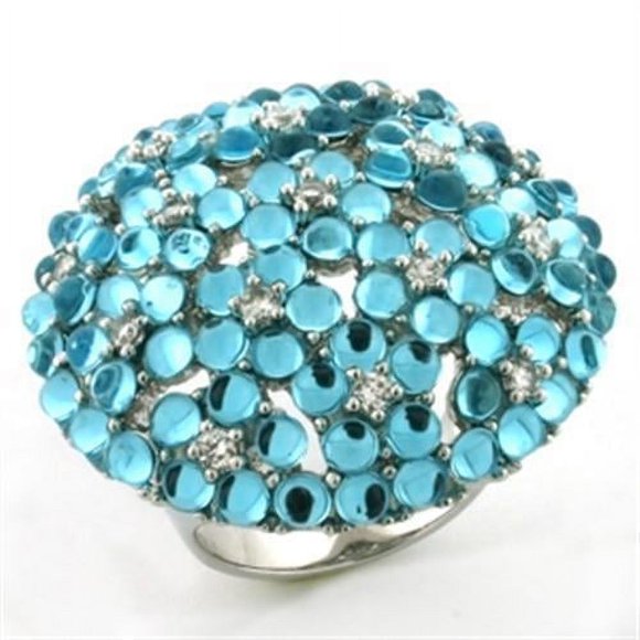 Rhodium Brass Ring with Synthetic Imitation Amber in Sea Blue for Women Sea Blue Stone Color Style LOA740 Size 7