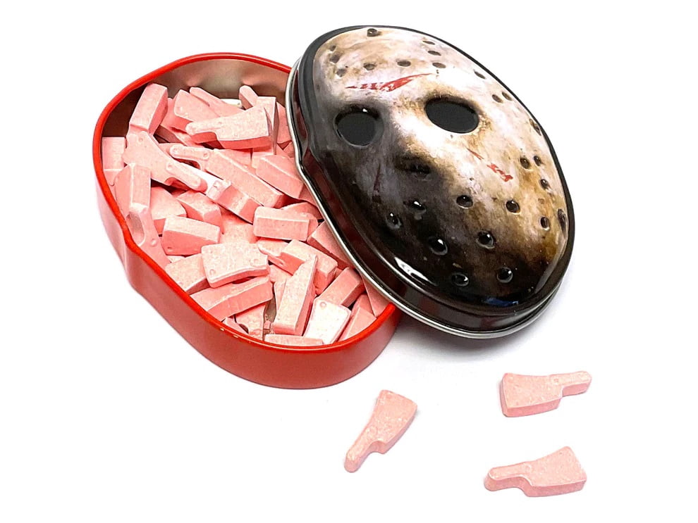 Halloween Friday The 13th Jason Mask Candy Tin, Sour Cherry Candy Cleavers - 12 Count Display Box