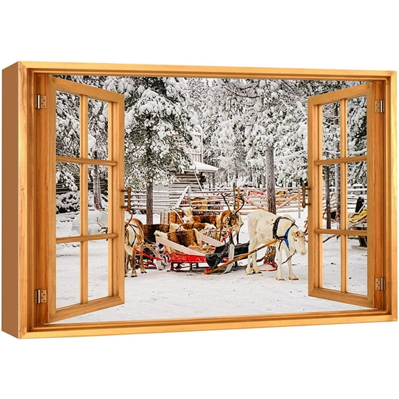 wall26 Canvas Print Wall Art Window View Christmas Reindeer Santa Sleigh Celebrations & Holidays Nature Photography Realism Landscape Colorful Multicolor for Living Room, Bedroom, Office - 16&quo