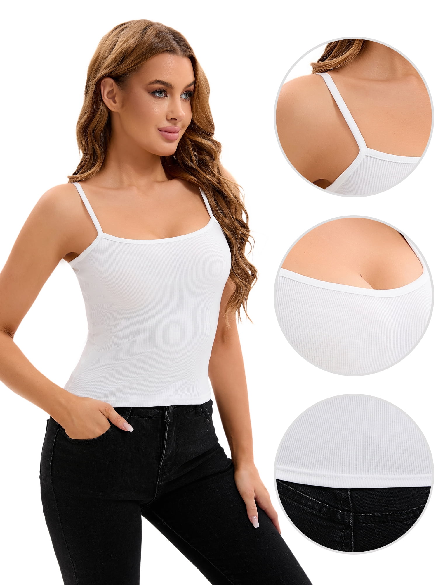 Unique Bargains Women's Spaghetti Strap Tank Top Basic Undershirt Ribbed Camisole L White