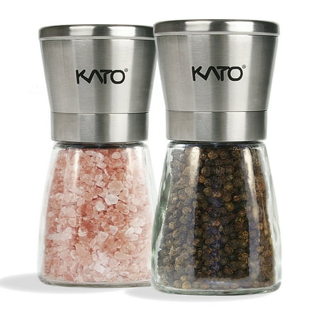 Stainless Steel Salt Pepper Mills - Kato Manual Salt and Pepper Grinder Set, Stainless Steel Top & Glass Body Ceramic Pepper Mills for Himalayan Salt, Pepper and Spices, 2 Pack