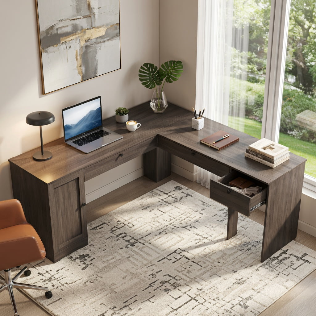 Spaco 66 Inch L-Shape Writing Desk with Power Station Pull Out Keyboard Tray Storage Drawers Adjustable Shelf Cable Organizer Dark Gray Home Office Desk, Dark Gray