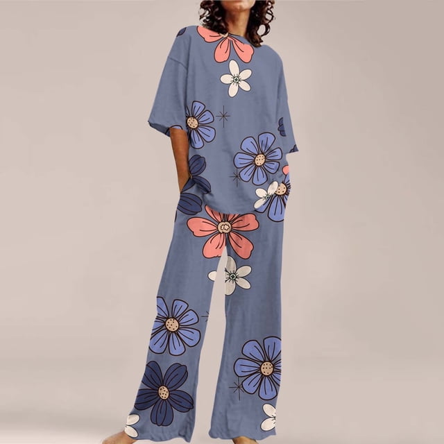 Womens pajama sets Summer Outfits for Women 2 Cotton Linen Set Oversized T Shirts Straight Leg Pant Plus Size Tracksuit M