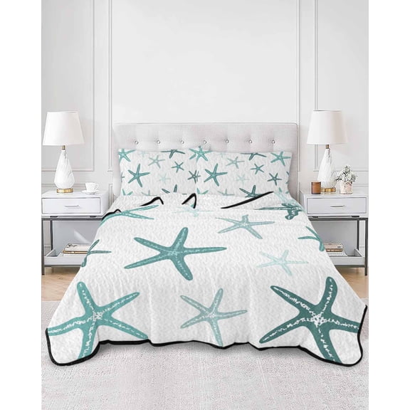 Quilts Queen Size, Teal Starfish Coastal Soft Comforter Bedding Set for Bed, Summer Beach Ocean Lightweight Quilted Bedspread with Pillow Cover(2 Pieces) for All Season, 90x96 Inch