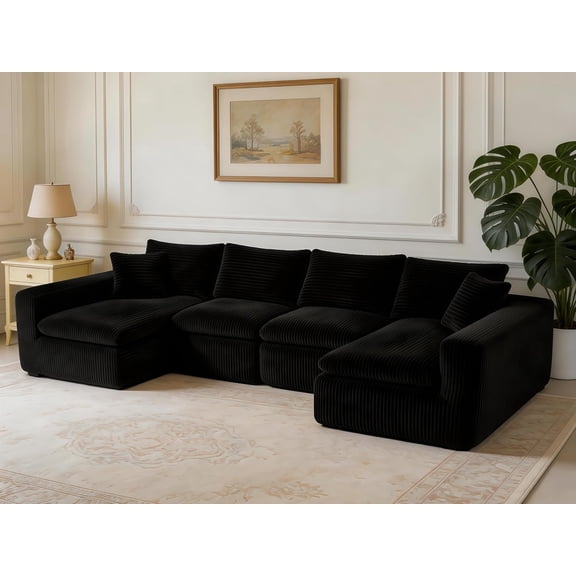 LQLI 130'' Oversized U Shaped Deep Seat Boneless Sectional Couch,6-Seat Plush Corduroy Cloud Sofa, No Assembly Required, 19" Extra-High Seat