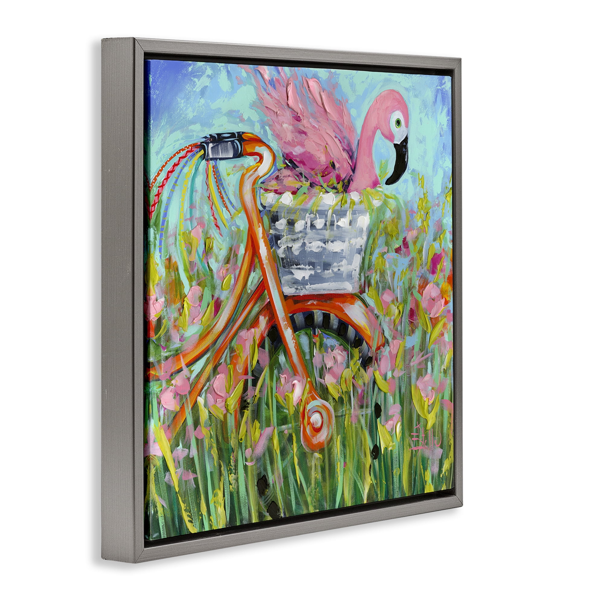 Stupell Industries Flamingo's Free Bicycle Ride Gray Framed Floater Canvas Wall Art, design by Estelle Grengs