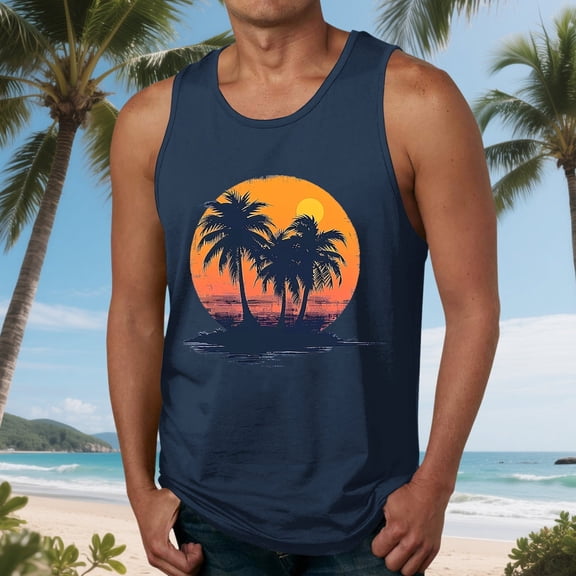 Fnnxeal Men's Lightweight Polyester Tank Top Sleeveless Summer Print Casual Breathable Tank Top for Men Navy