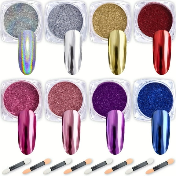 8 Jars Chrome Nail Powder Mirror Effect Holographic Aurora Iridescent Pearlescent Manicure Art Decoration Glitter