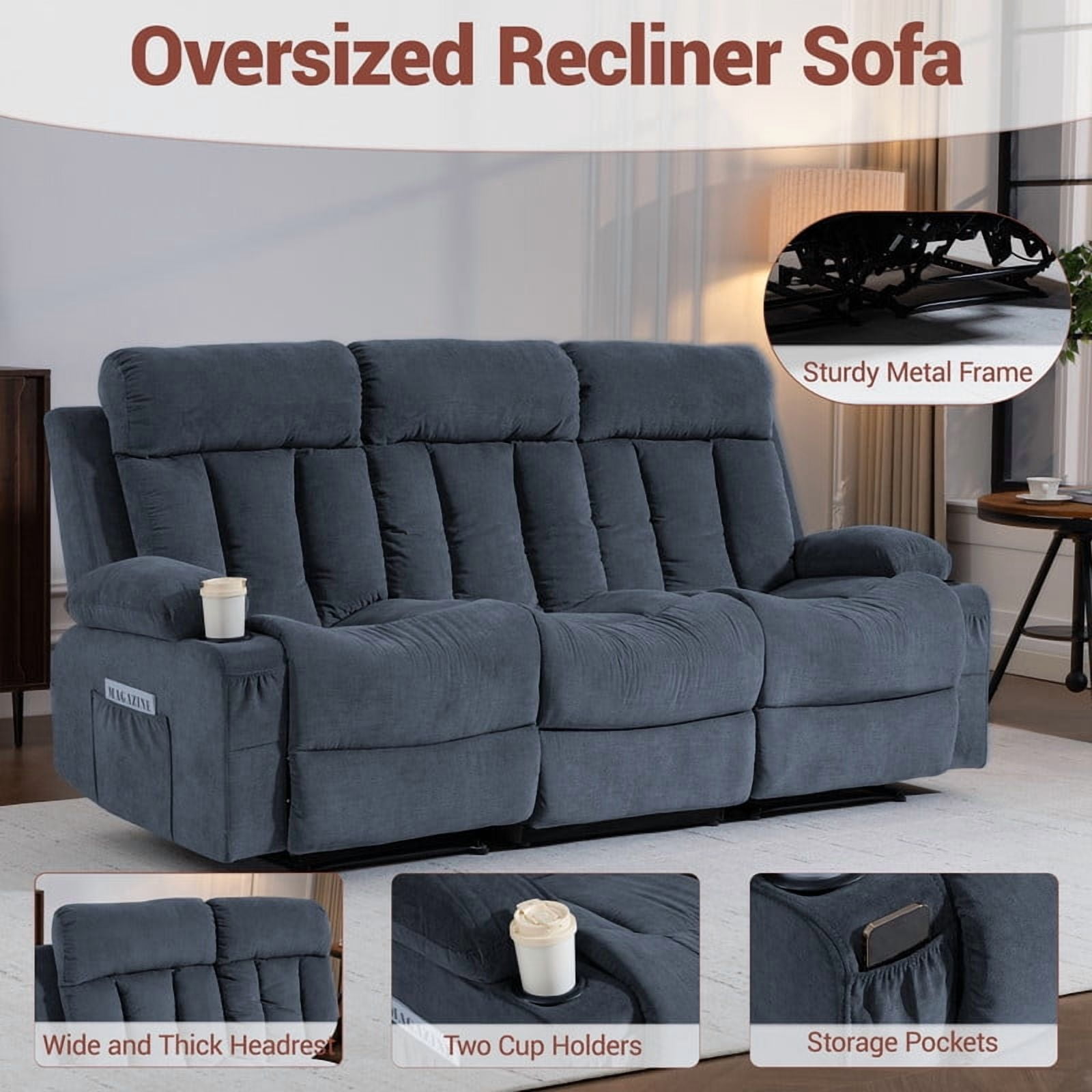 WENTUM Recliner Sofa Set, 3 Seater Recliner Sofa Chair, Manual Reclining Sofa Couch, Triple Recliner Sofa for Living Room, Home Theater, Small Spaces, Blue