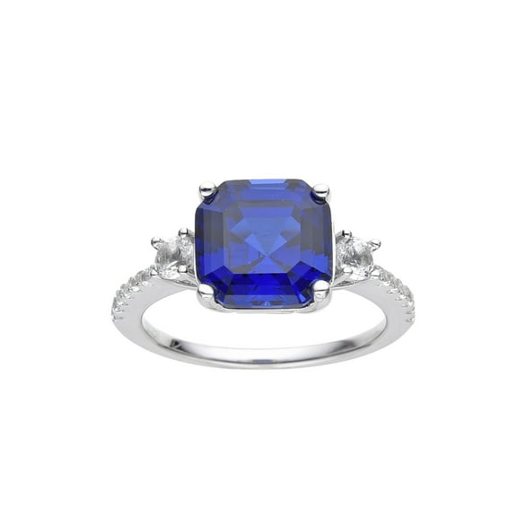 Ceylon Sapphire Asscher Cut Three Stone Ring