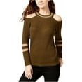 thumbnail image 5 of I-N-C Womens Metallic Striped Cold Shoulder Pullover Sweater, Green, Large, 5 of 5