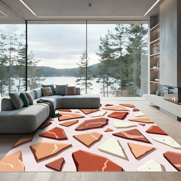 ODIKA 4' x 6' Machine Washable Non-Slip Area Rug, abstract geometric High Traffic Rug, Orange, 934357