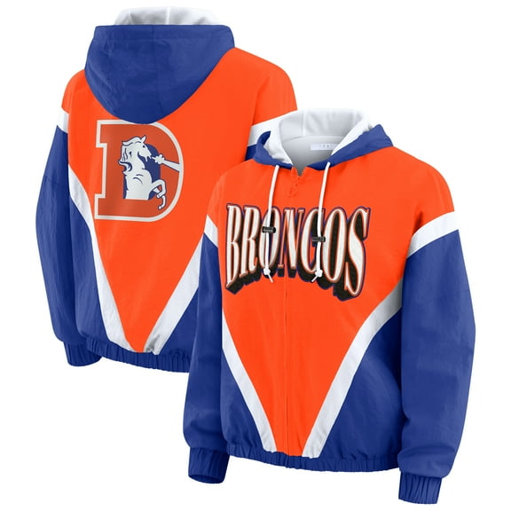 Women's WEAR by Erin Andrews Orange/Royal Denver Broncos Plus Size Retro Crinkle Full-Zip Hoodie Windbreaker Jacket