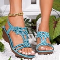 thumbnail image 2 of Wedge Sandals for Women Comfortable Platform Elastic Ankle Strap Wedges Heels Rhinestone Beaded Dressy Open Toe Summer Footwear Sky Blue Size 8.5, 2 of 6